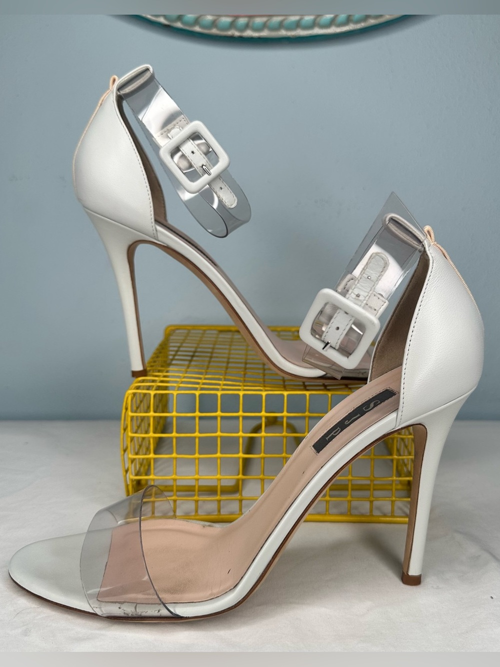 Sarah Jessica Parker (SJP) White Clear Strap High Heel Sandals with Ankle Buckle